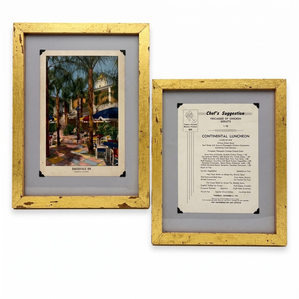 Vintage Bakersfield Inn 1952 Menu & Cal Williams Lithograph Set Gold Frames